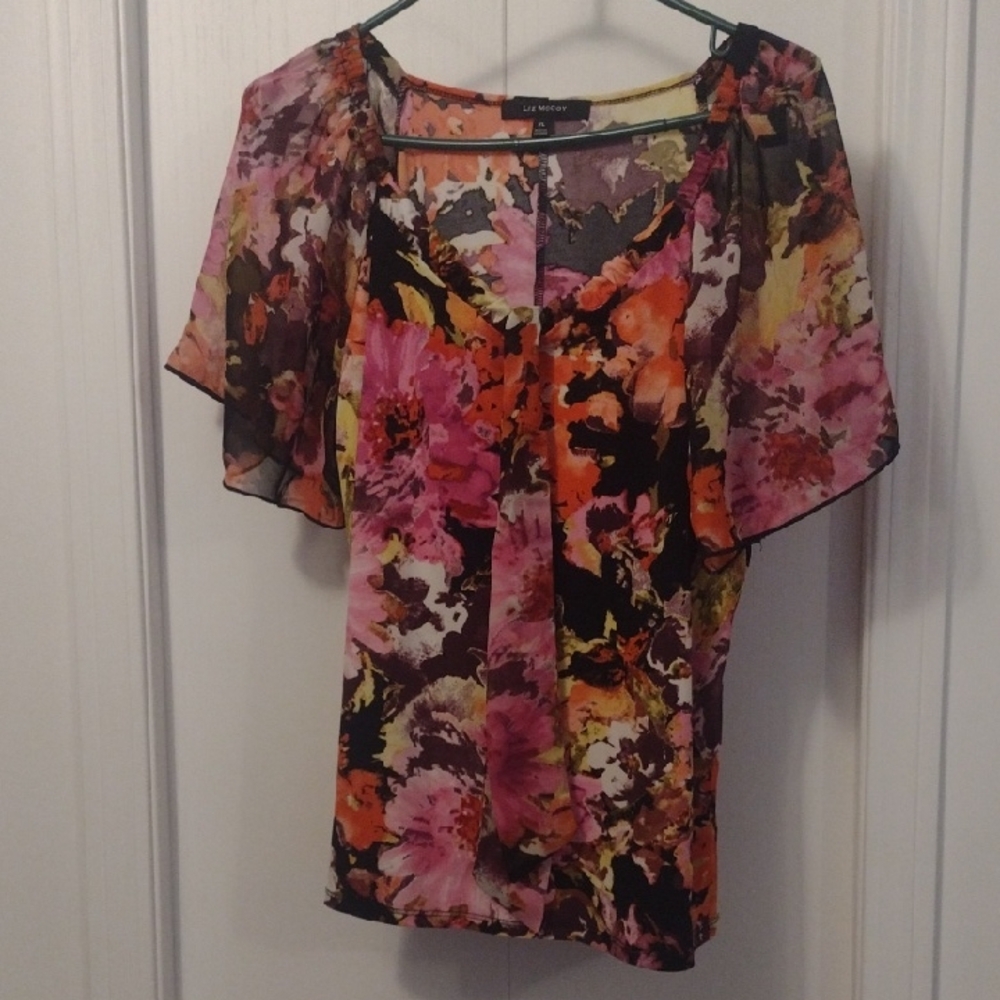 Chic Floral Blouse - Pink, Orange, Black